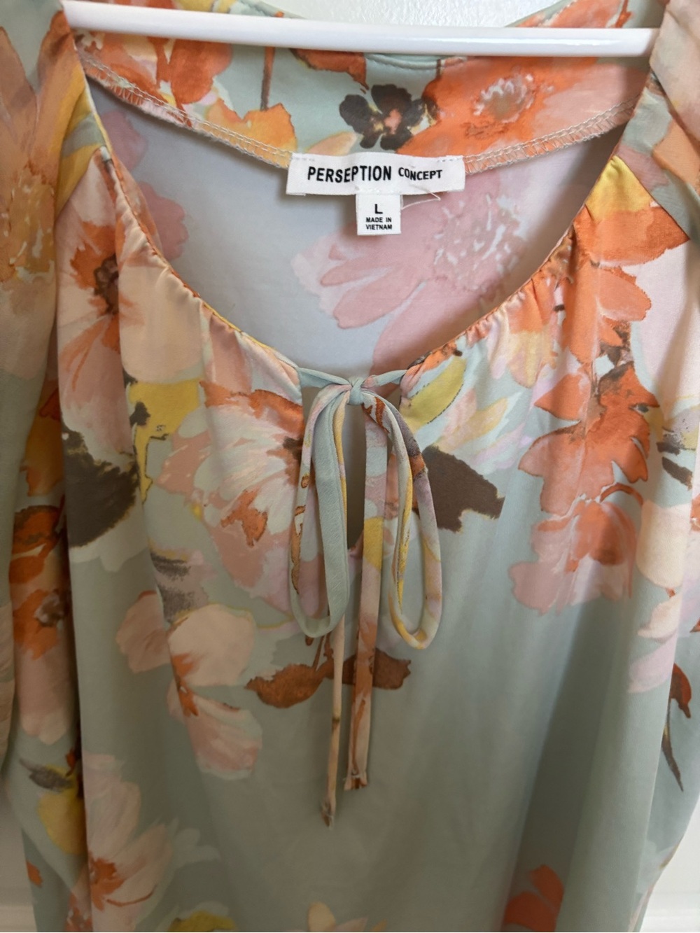 PerSeption Concept Sage Green and Orange Floral Tie-Neck Blouse - Picture 3 of 3